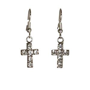 White/Clear Rhinestone Cross with Silver Metal Earrings New without Tags NWOT